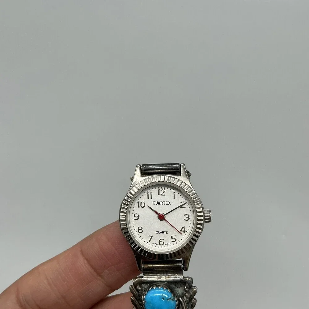 Vtg Quartex Womens Watch 21mm Stamped Sterling Turquoise Coral New Battery